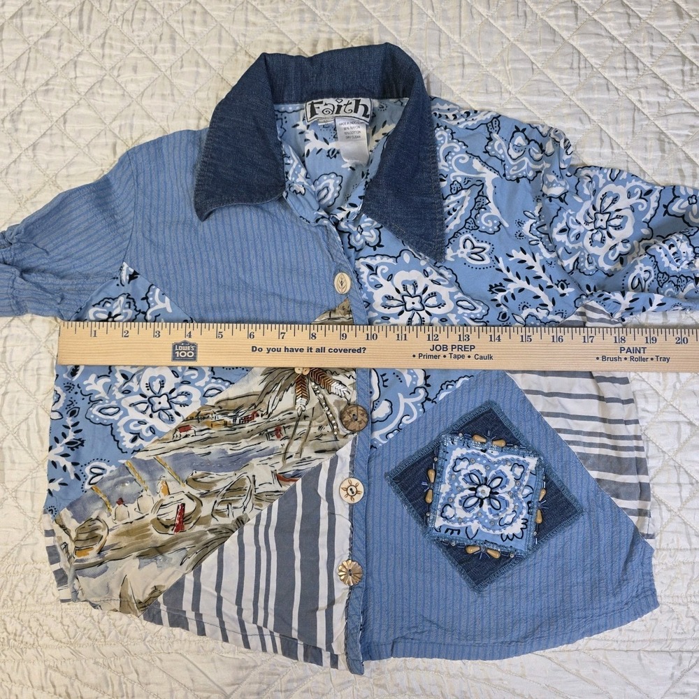 Womens Medium Boho Chic Coastal Patchwork Beaded Wood Cropped Button Up Shirt - Picture 4 of 14